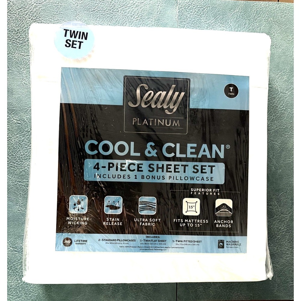 Sealy Platinum COOL & CLEAN 4-Piece Twin Sheet Set in White - NEW